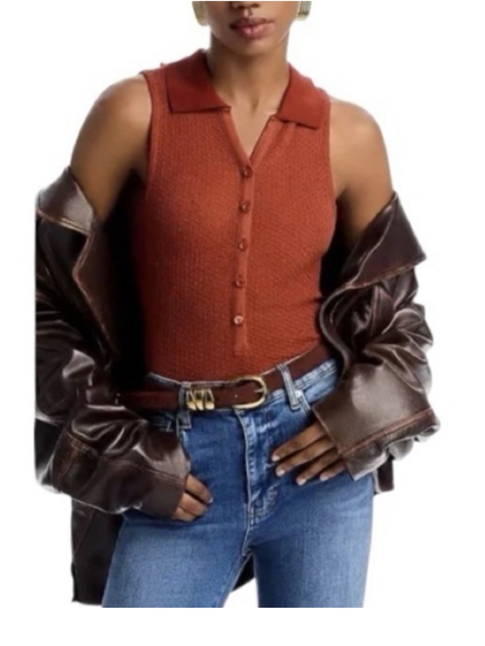 Frame mesh lace sleeveless polo top